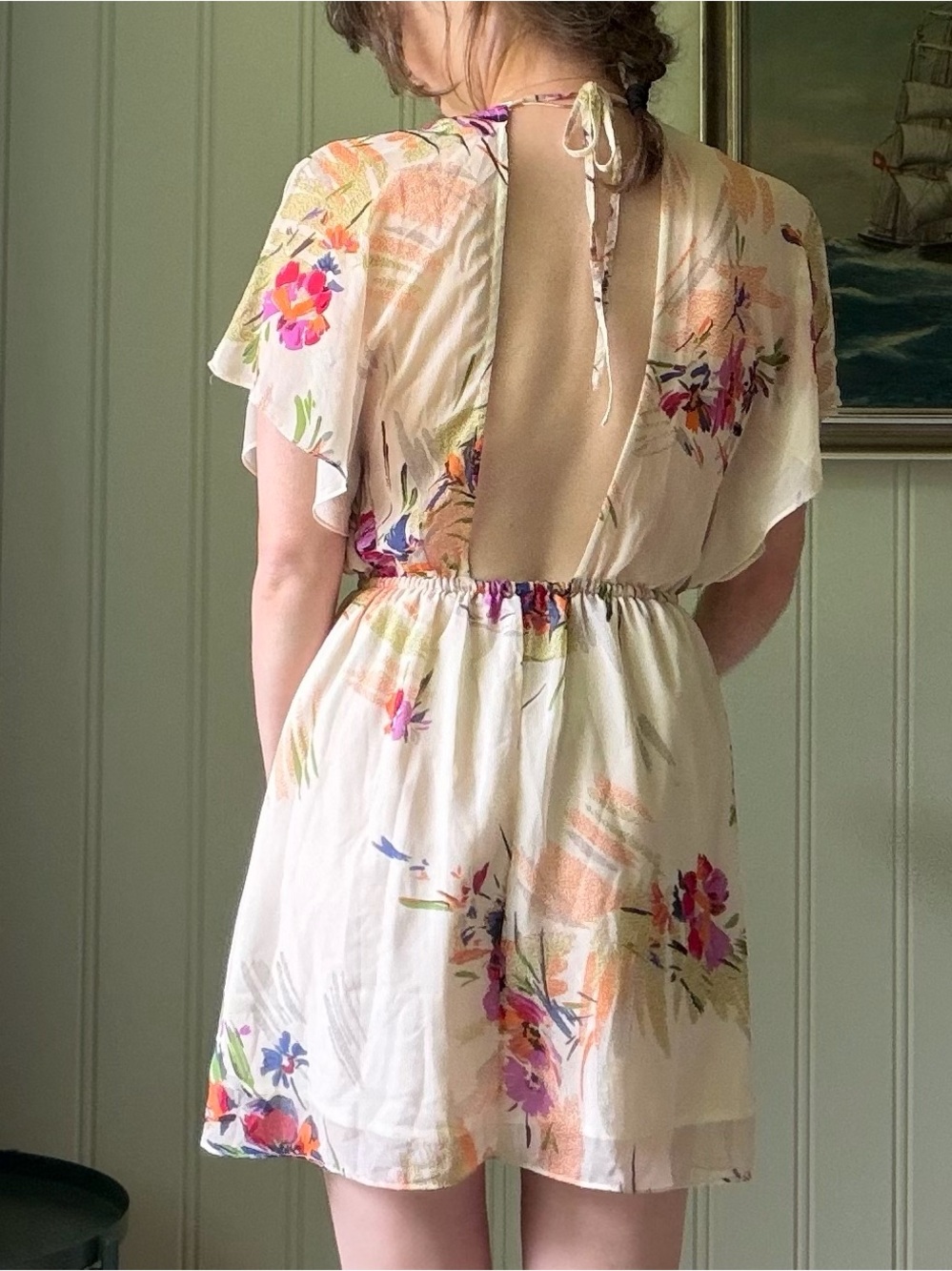Kimchi Blue Floral Tie-Back Mini Dress in Cream - Small